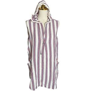 FOR CYNTHIA Linen Blend Striped Hooded Beachwear Sleeveless Tunic Top Women’s L